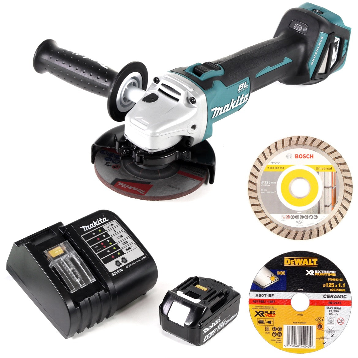 Makita DGA 511 SM1 Akku Winkelschleifer 18 V 125mm Brushless + 1x Akku 4,0Ah + Ladegerät + 2x Trennscheibe - Toolbrothers