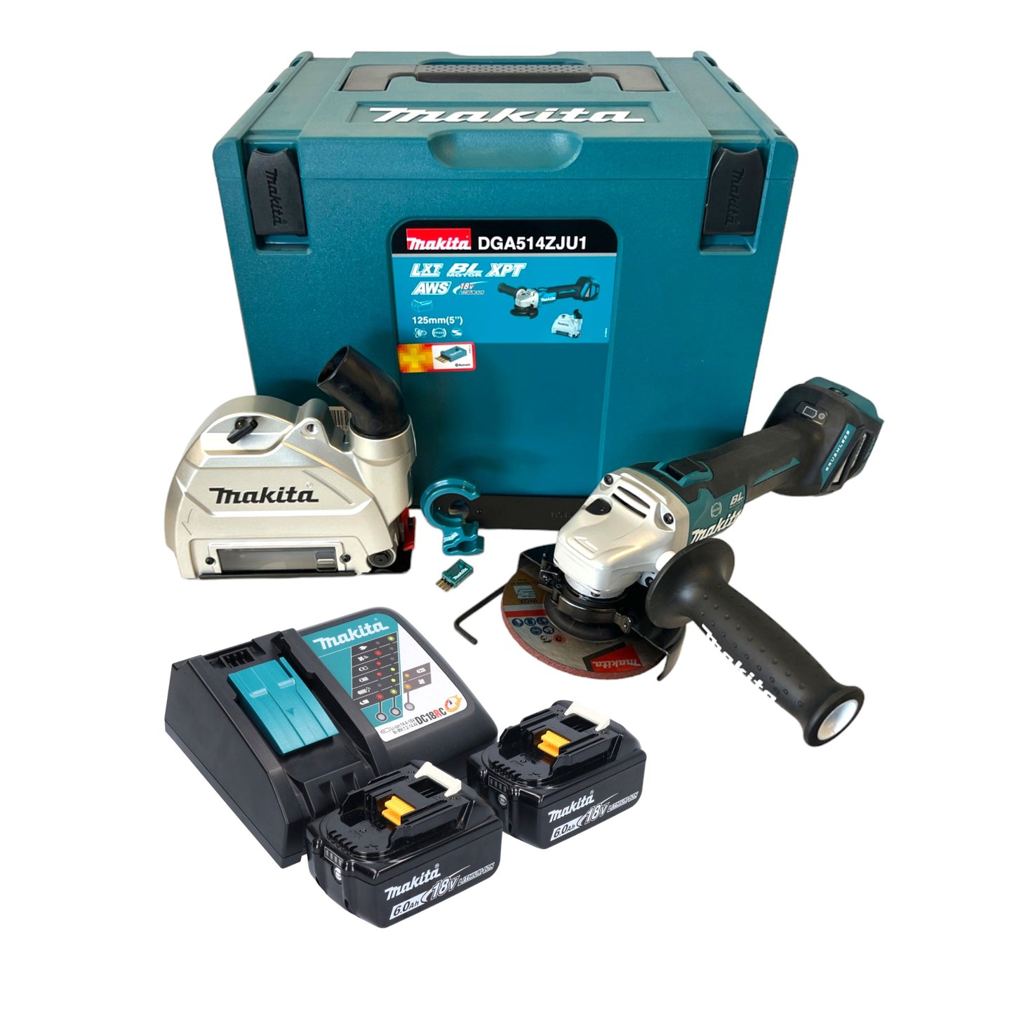 Makita DGA 514 RGJU1 Meuleuse d'angle sur batterie 18 V 125 mm sans balais + 2x batteries 6,0 Ah + chargeur + Makpac