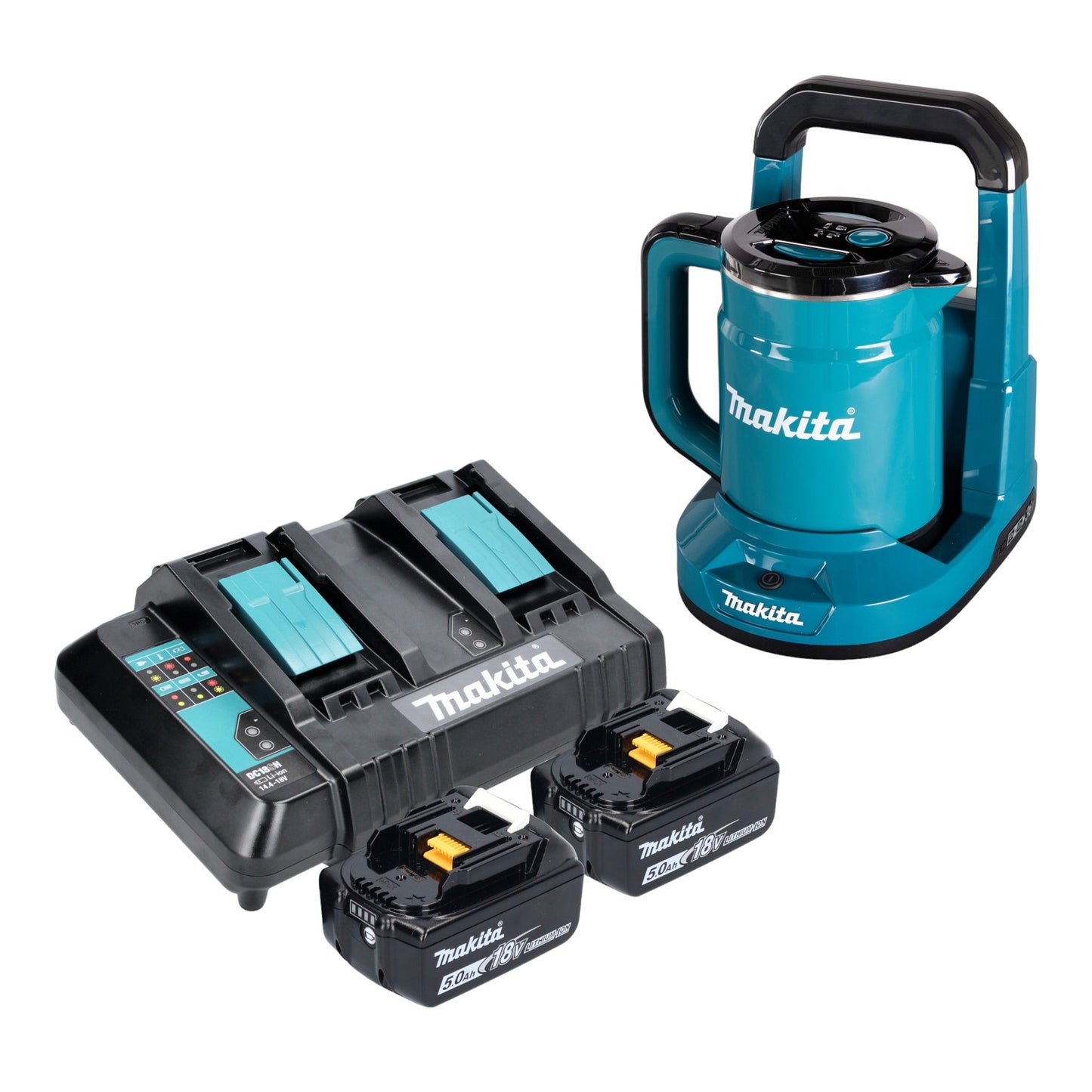 Makita DKT 360 CT2 Akku Wasserkocher 36 V ( 2x 18 V ) 0,8 L  + 2x Akku 5,0 Ah + Doppelladegerät