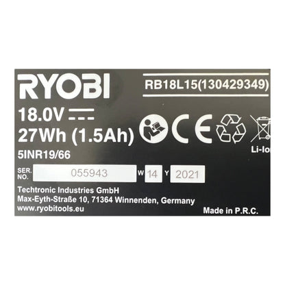 Ryobi RB18L15 Akku 18 V 1,5 Ah / 1500 mAh Li-Ion ONE+ ( 5133001905 ) mit Ladestandanzeige