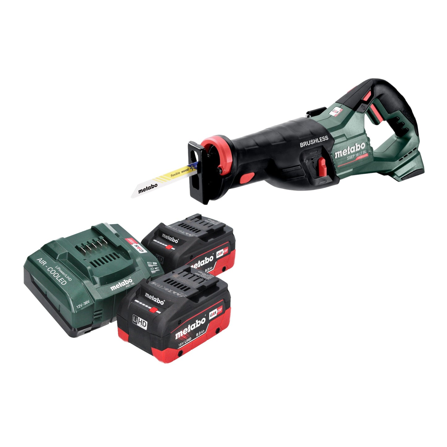 Scie sabre à batterie Metabo SSEP 18 LT BL 18 V 32 mm sans balais + 2 batteries LiHD 8,0 Ah + chargeur