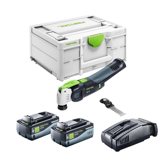 Festool VECTURO OSC 18 E-Basic Akku Oszillierer 18 V Starlock Max Brushless + 2x Akku 8,0 Ah + Schnellladegerät + Systainer