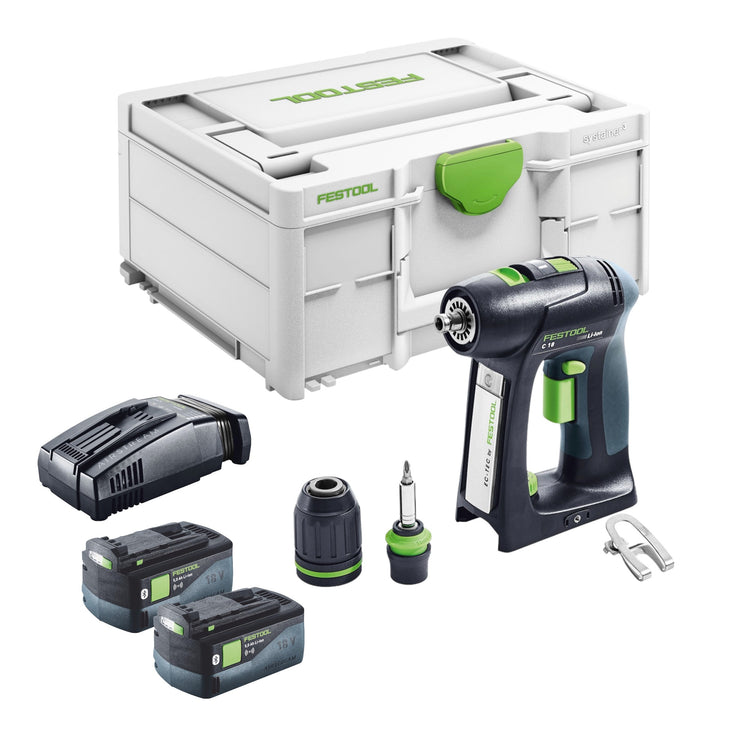 Festool C 18 Basic Akku Bohrschrauber 18 V 45 Nm Brushless + 2x Akku 5,0 Ah + Schnellladegerät + Systainer