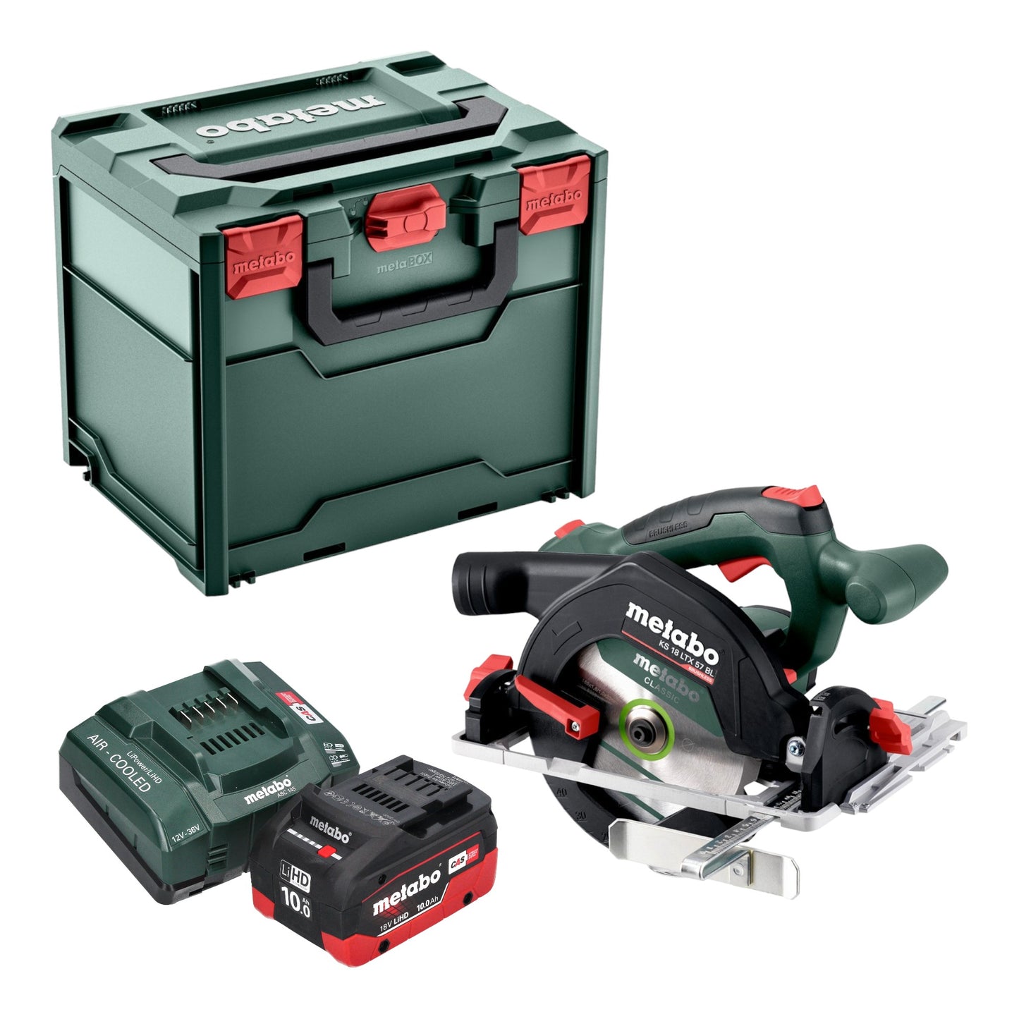 Scie circulaire portative sur batterie Metabo KS 18 LTX 57 BL 18 V 57 mm + 1 batterie LiHD 10,0 Ah + chargeur + Metabox