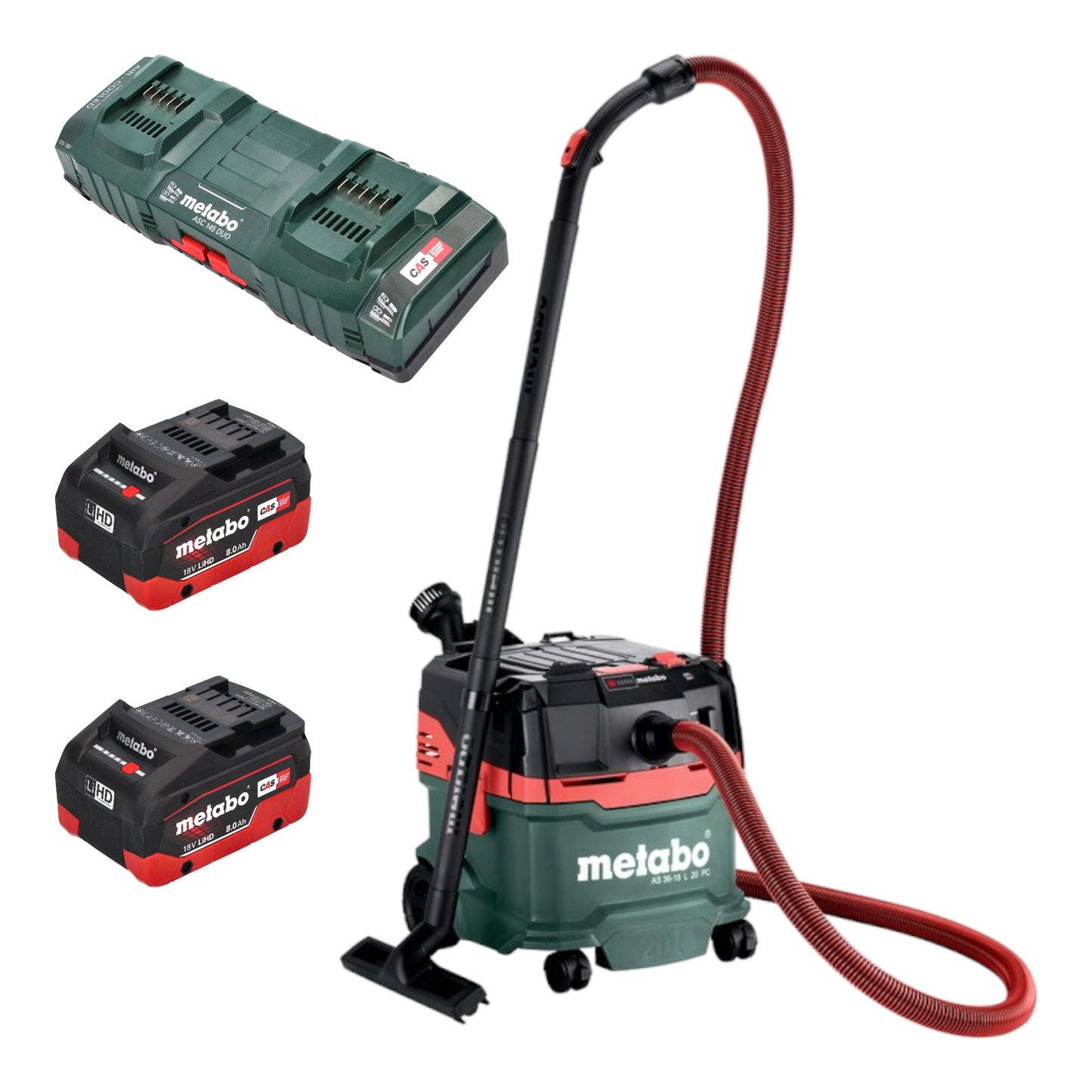 Metabo AS 36 18 L 20 PC Akku Nass Trocken Sauger 36 V ( 2x 18 V ) 20 L + 2x LiHD Akku 8,0 Ah + Doppelladegerät