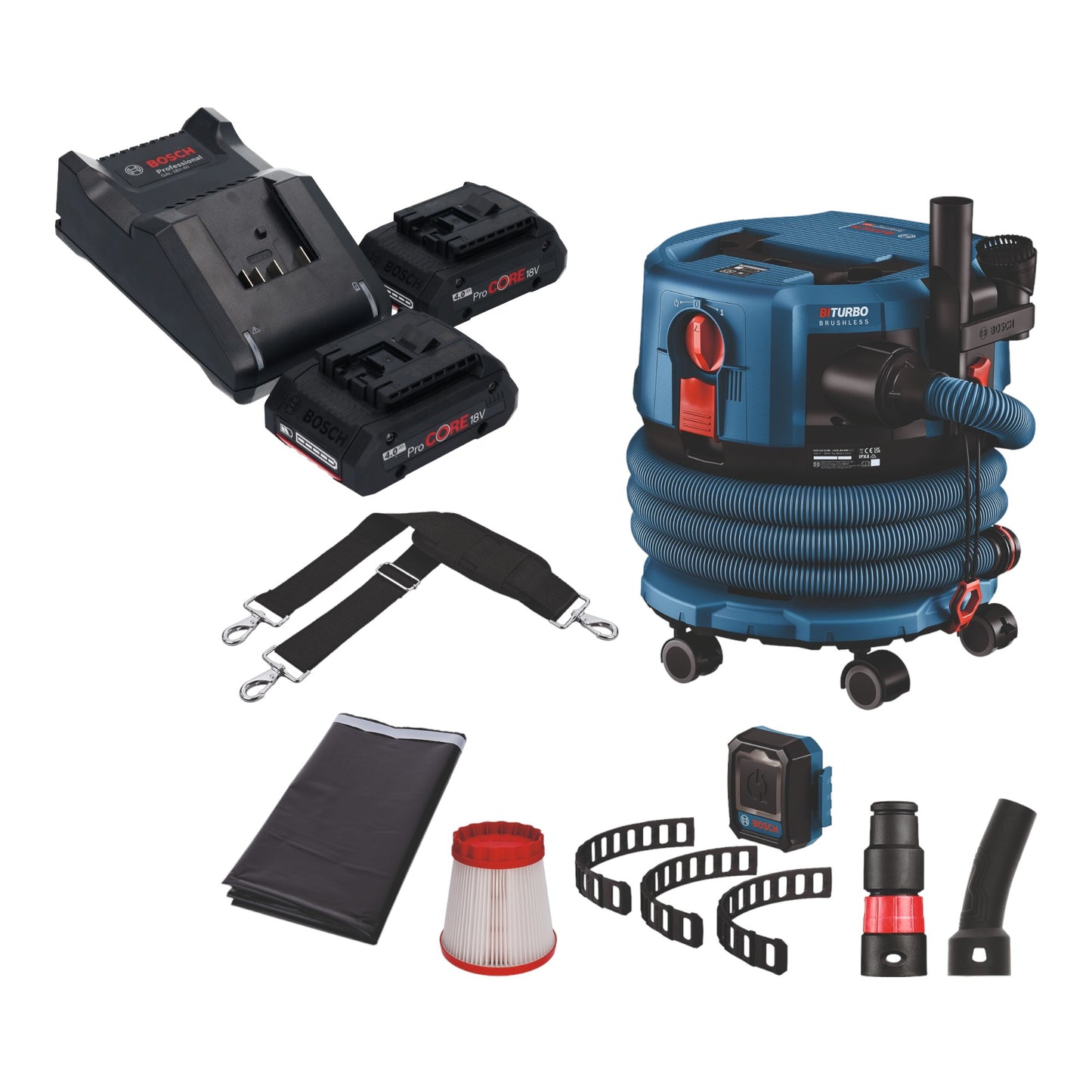 Bosch GAS 18V-12 MC Professional Akku Staubsauger BITURBO Brushless + 2x ProCore Akku 4,0 Ah + Ladegerät + Zubehör