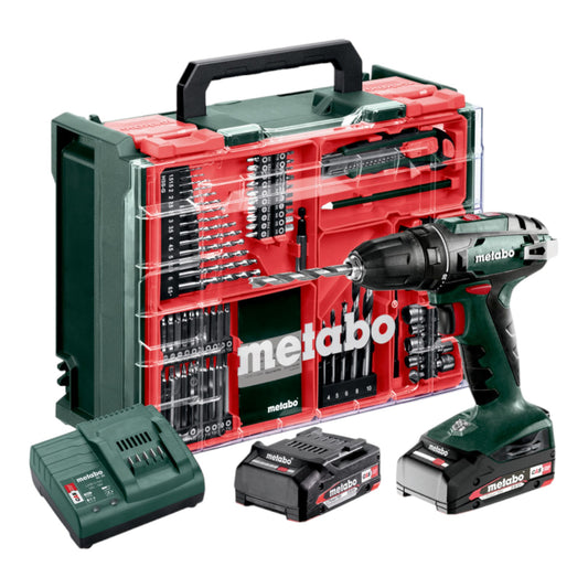 Metabo BS 18 set perceuse/visseuse sans fil 18 V 48 Nm (602207710) + 2x batteries 2,0 Ah + chargeur + atelier mobile 74 pièces + mallette