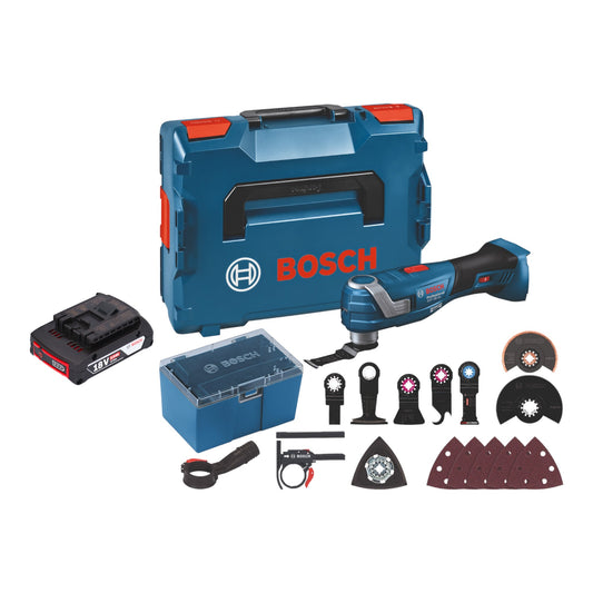 Bosch GOP 18V-34 Professional Battery Multi Cutter 18 V Starlock Plus + 1x batterie 2,0 Ah + 17 accessoires + L-Boxx - sans chargeur