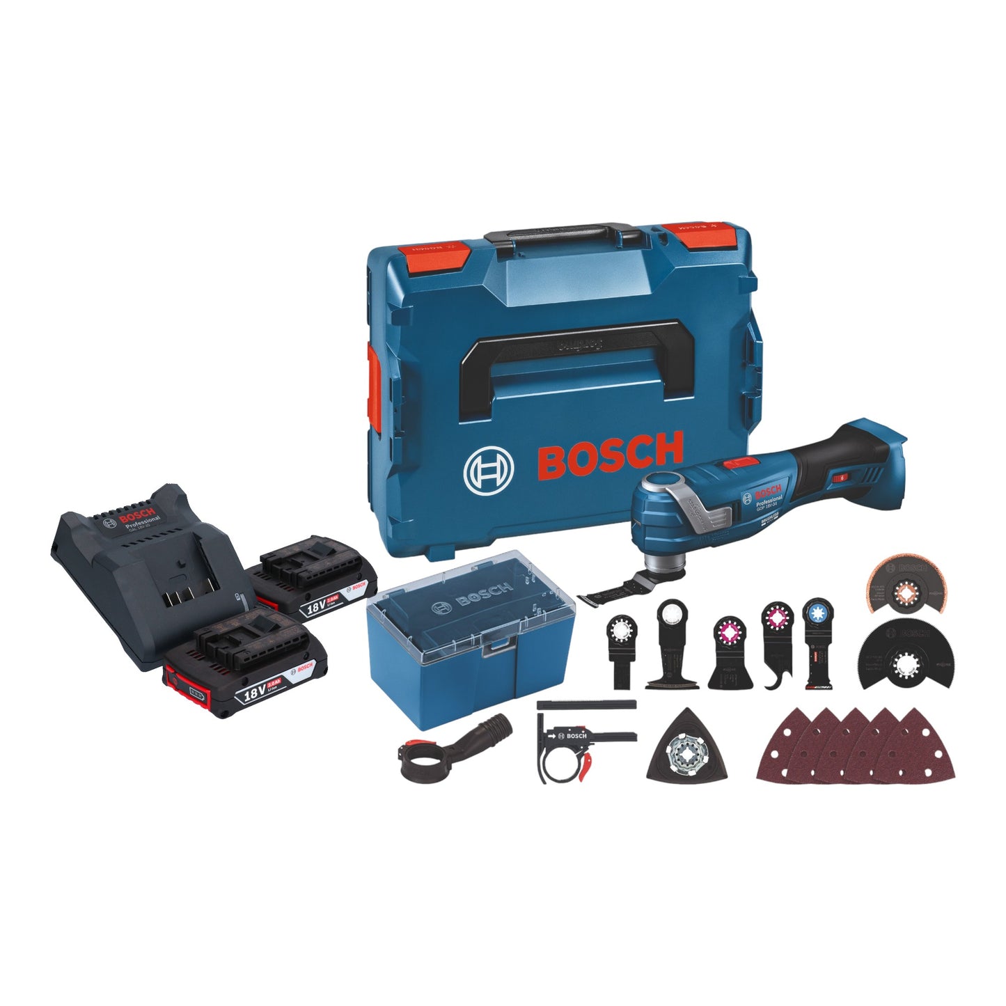 Bosch GOP 18V-34 Professional Batterie Multi Cutter 18 V Starlock Plus + 2x batteries 2,0 Ah + chargeur + 17 accessoires + L-Boxx