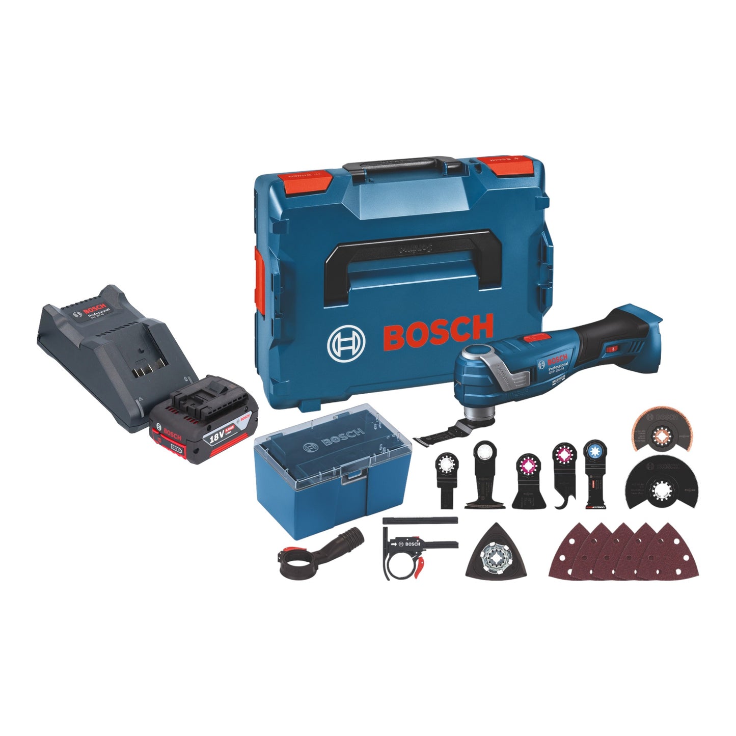 Bosch GOP 18V-34 Professional Akku Multi Cutter 18 V Starlock Plus + 1x Akku 4,0 Ah + Ladegerät + 17 tlg. Zubehör + L-Boxx