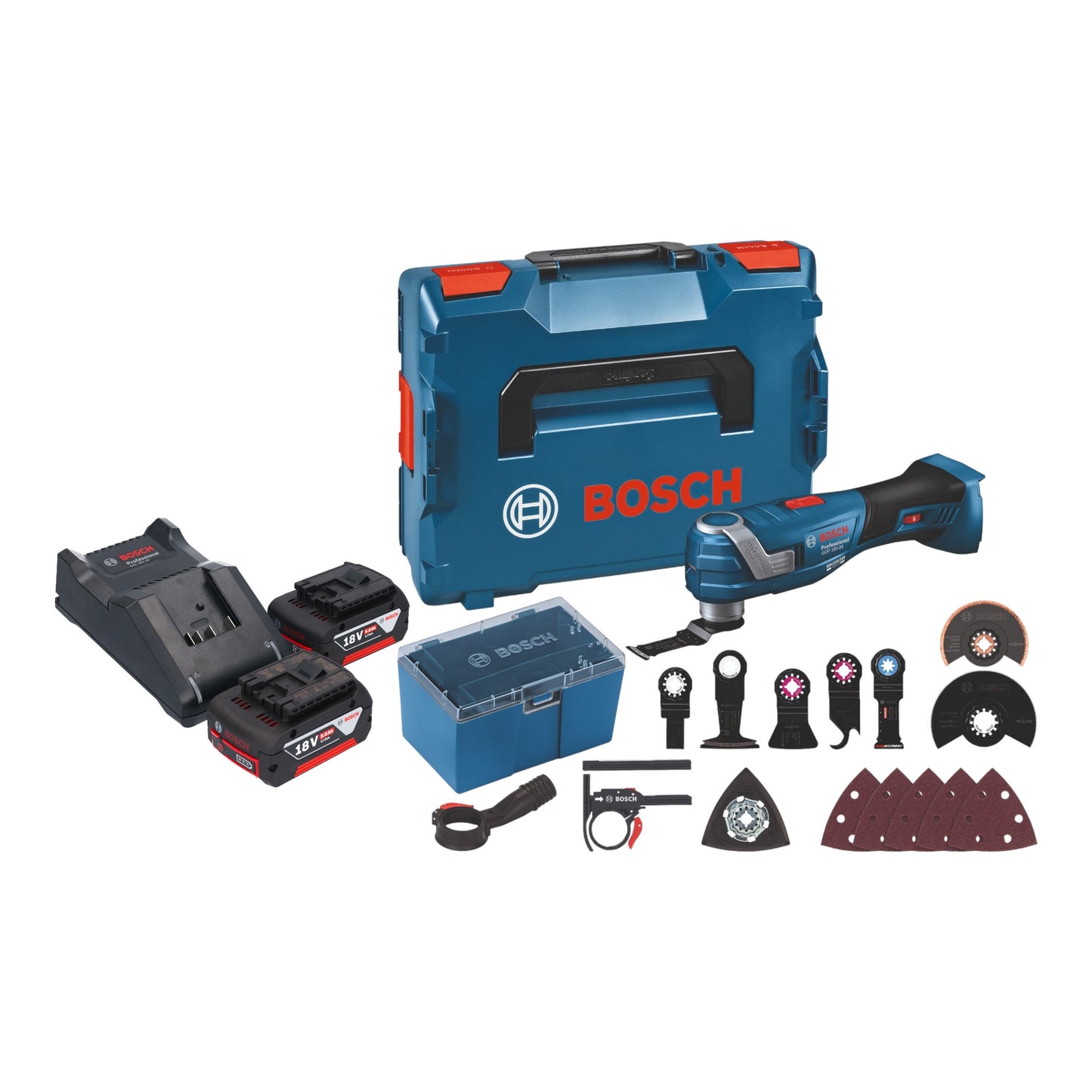 Bosch GOP 18V-34 Professional Batterie Multi Cutter 18 V Starlock Plus + 2x batteries 5,0 Ah + chargeur + 17 accessoires + L-Boxx