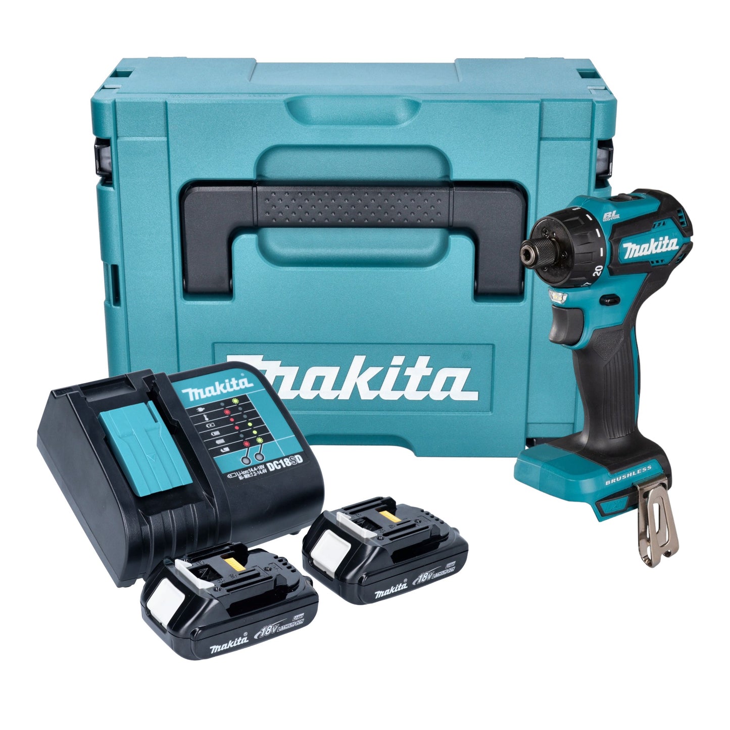 Makita DDF 083 SYJ perceuse-visseuse sans fil 18 V 40 Nm 1/4'' brushless + 2x batterie 1,5 Ah + chargeur + Makpac