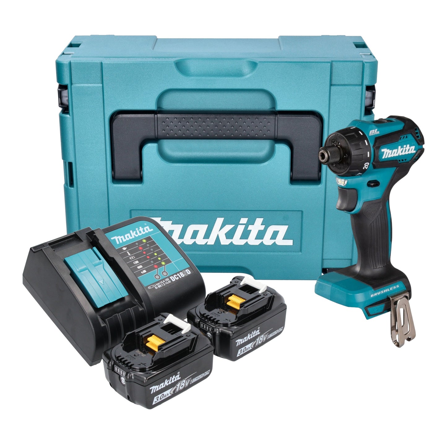 Makita DDF 083 SFJ perceuse-visseuse sans fil 18 V 40 Nm 1/4'' brushless + 2x batterie 3,0 Ah + chargeur + Makpac