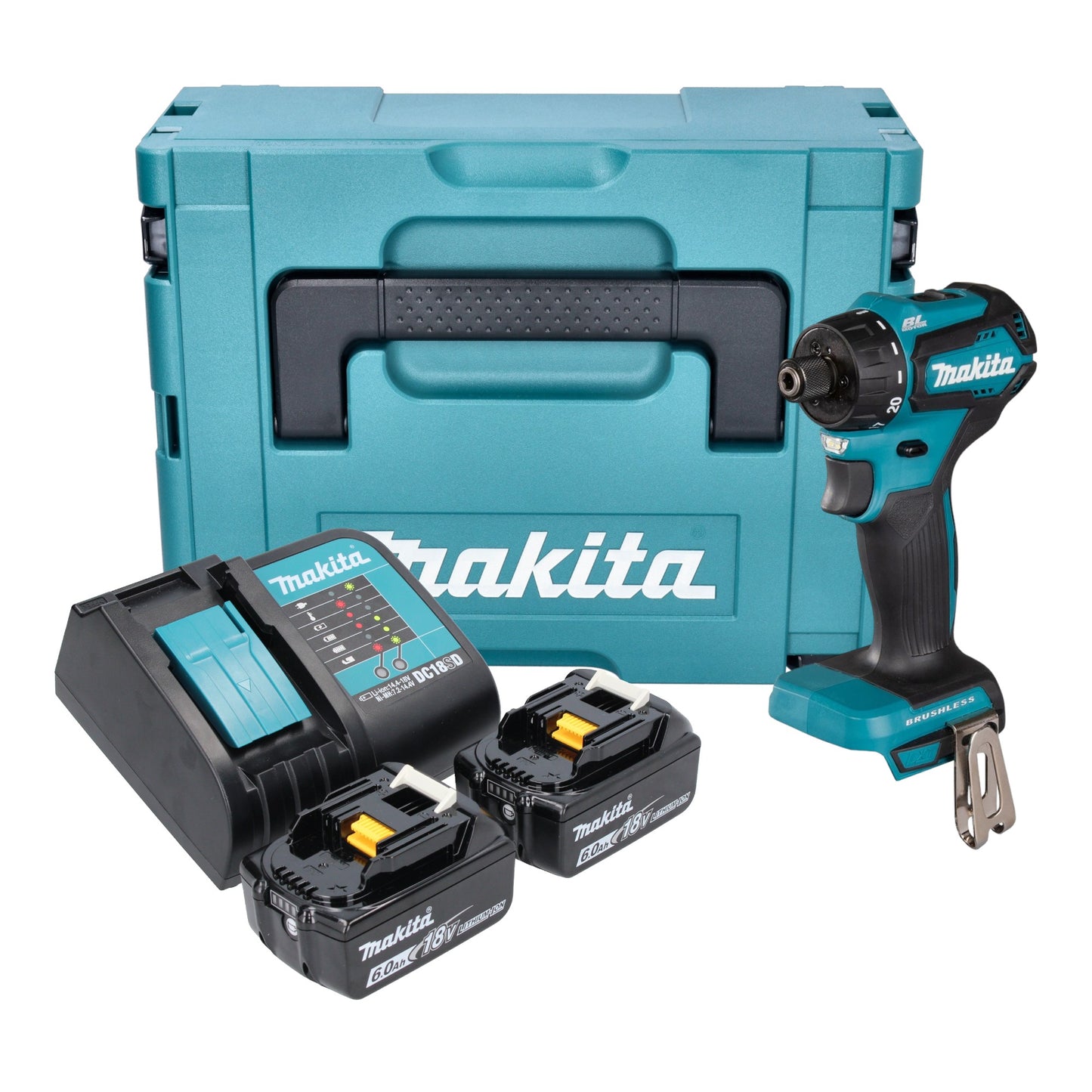 Makita DDF 083 SGJ perceuse-visseuse sans fil 18 V 40 Nm 1/4'' brushless + 2x batterie 6,0 Ah + chargeur + Makpac