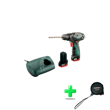 Metabo PowerMaxx SB Basic Akku Schlagbohrschrauber 12 V 34 Nm ( 600385500 ) + 2x Akku 2,0 Ah + Ladegerät + Koffer + Metabo Maßband 5 Meter