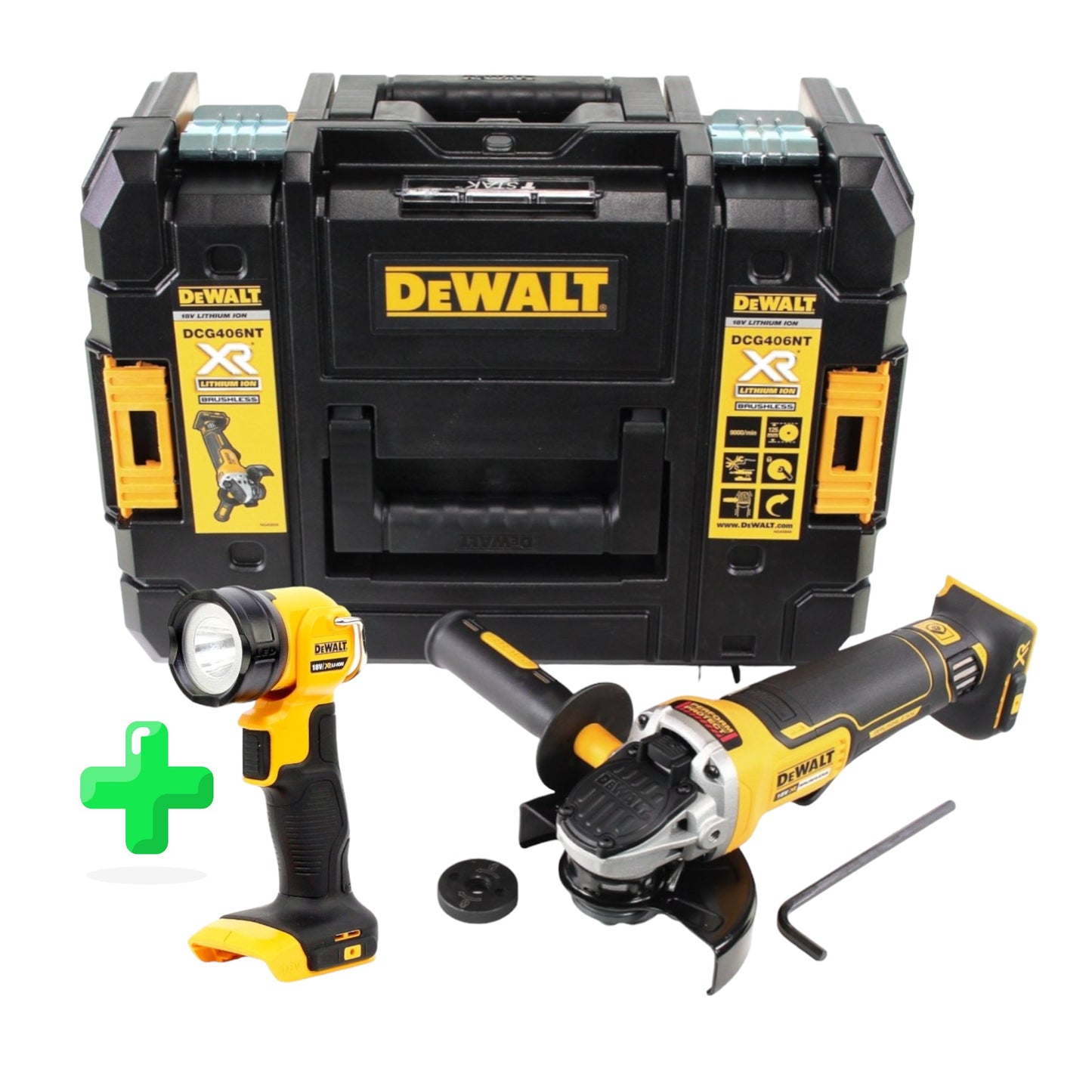 DeWalt DCG 406 NT Akku Winkelschleifer 18V 125mm Brushless Solo + TSTAK + DeWalt DCL 040 18V XR Li-Ion Akku Lampe