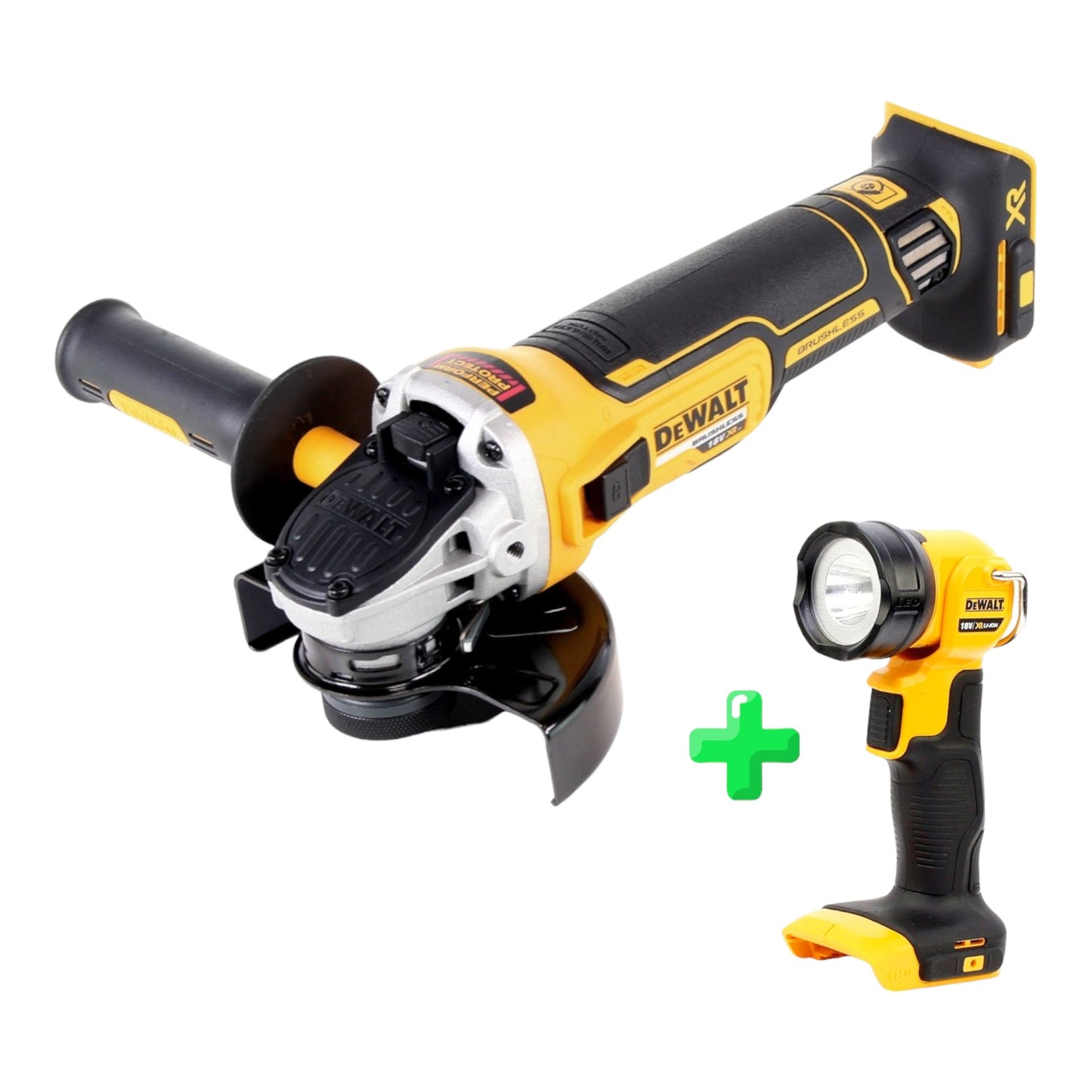 Meuleuse d'angle sur batterie DeWalt DCG 405 N 18V 125mm brushless solo + lampe sur batterie DeWalt DCL 040 18V XR Li-Ion