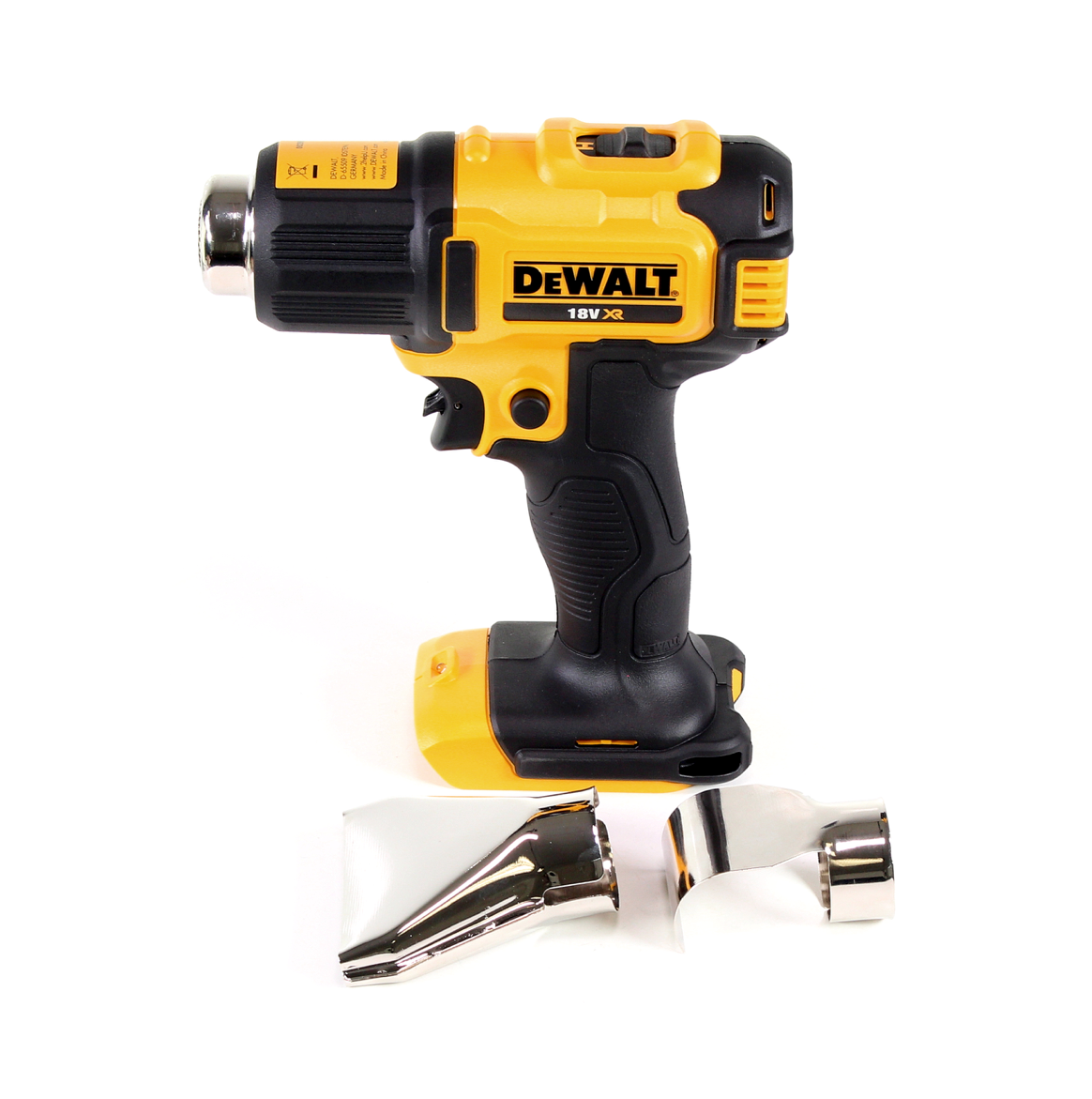 DeWalt DCE 530 N Akku Heißluftpistole 18V 530°C Solo + Flächen- und Reflektordüse + DeWalt DCL 040 18V XR Li-Ion Akku Lampe