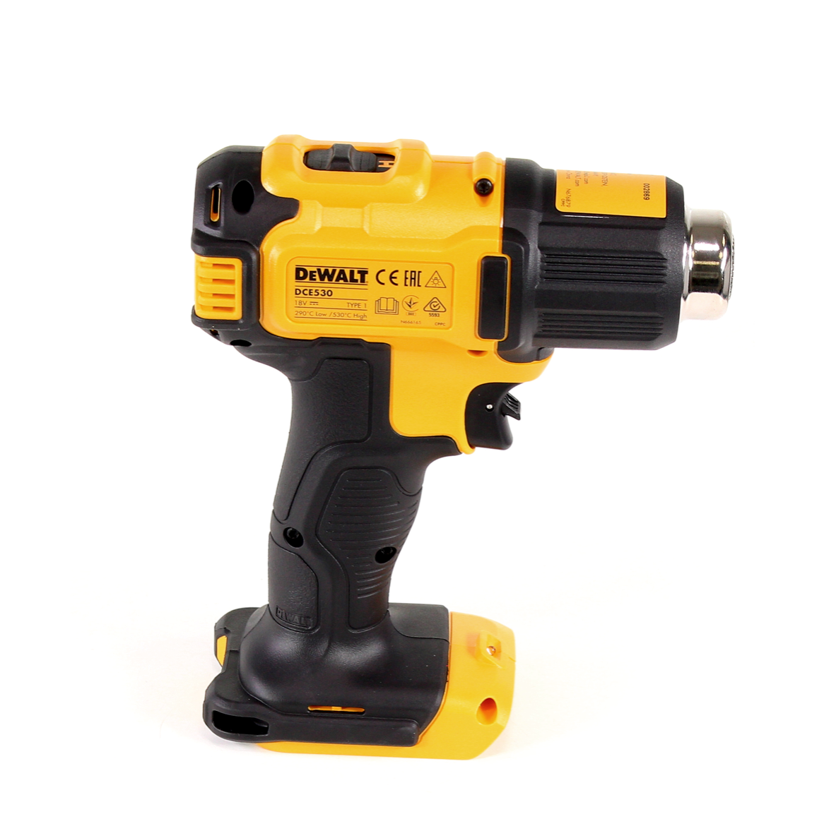 DeWalt DCE 530 N Akku Heißluftpistole 18V 530°C Solo + Flächen- und Reflektordüse + DeWalt DCL 040 18V XR Li-Ion Akku Lampe