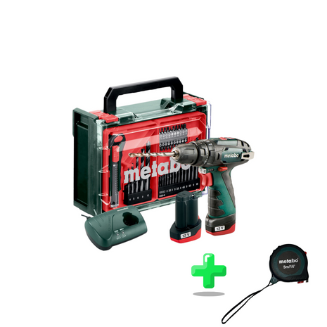 Metabo PowerMaxx SB Basic Set Akku Schlagbohrschrauber 12 V 34 Nm ( 600385710 ) + 2x Akku 2,0 Ah + Ladegerät + 41 tlg. Zubehör Set + Koffer + Metabo Maßband 5 Meter