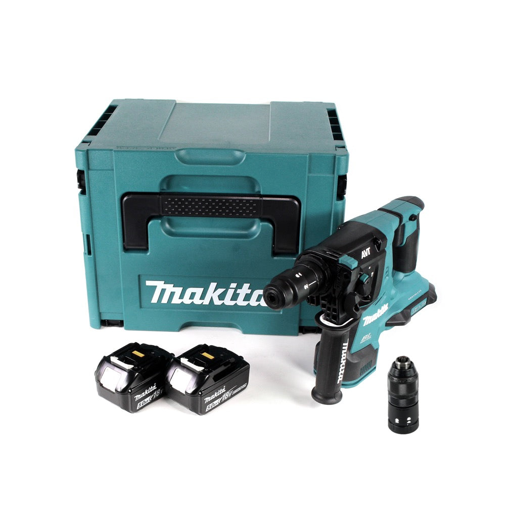Makita DHR 281 TJ Brushless Akku Bohrhammer 28 mm 2x 18 V für SDS-PLUS mit Schnellwechselfutter im Makpac + 2x 5,0 Ah Akku - ohne Ladegerät