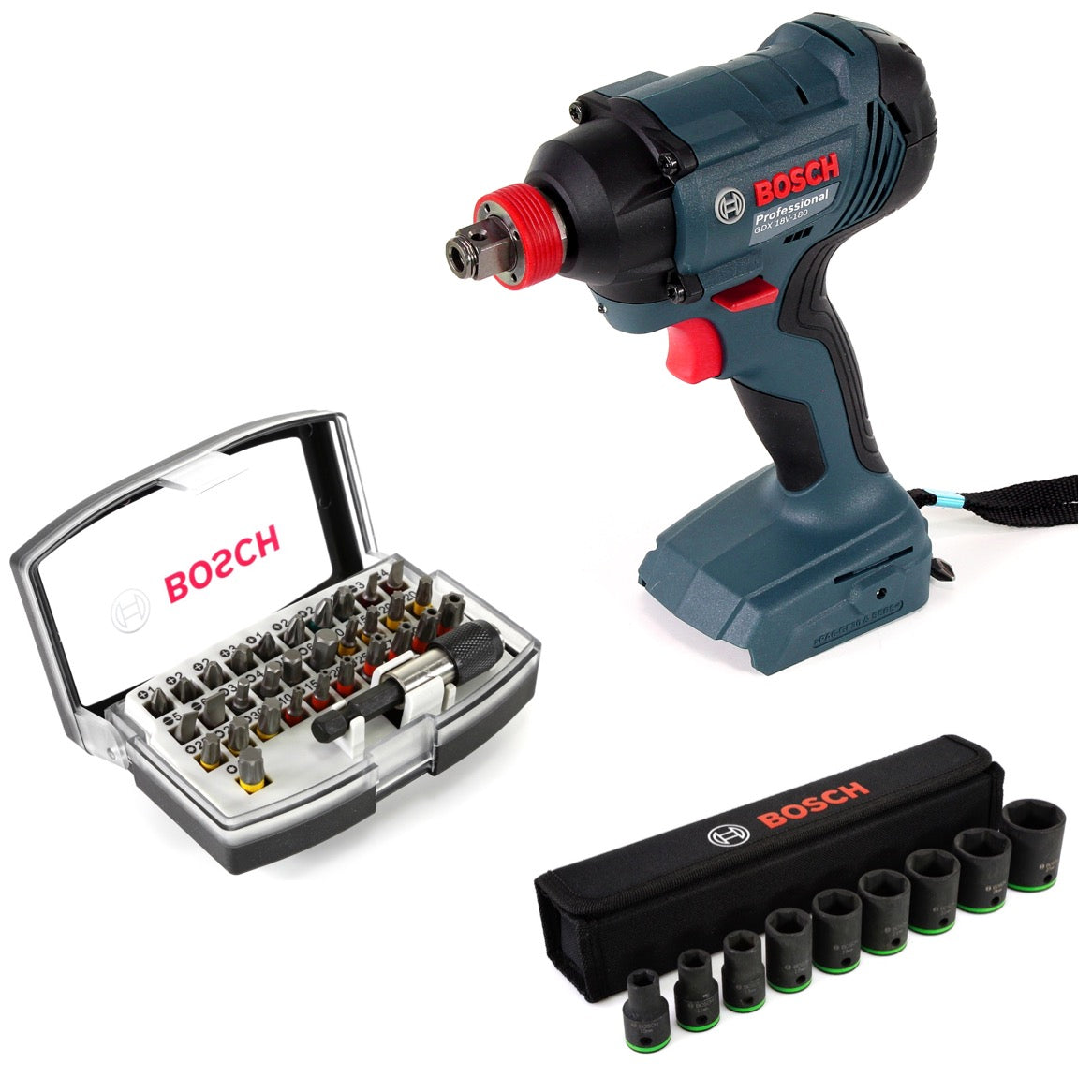 Bosch GDX 18 V-180 Li-Ion Akku Drehschlagschrauber Solo 180 Nm, 1/4" Innensechskant, 1/2" Außenvierkant + Steckschlüssel + 32 tlg. Bit-Set - ohne Akku, ohne Ladegerät - Toolbrothers