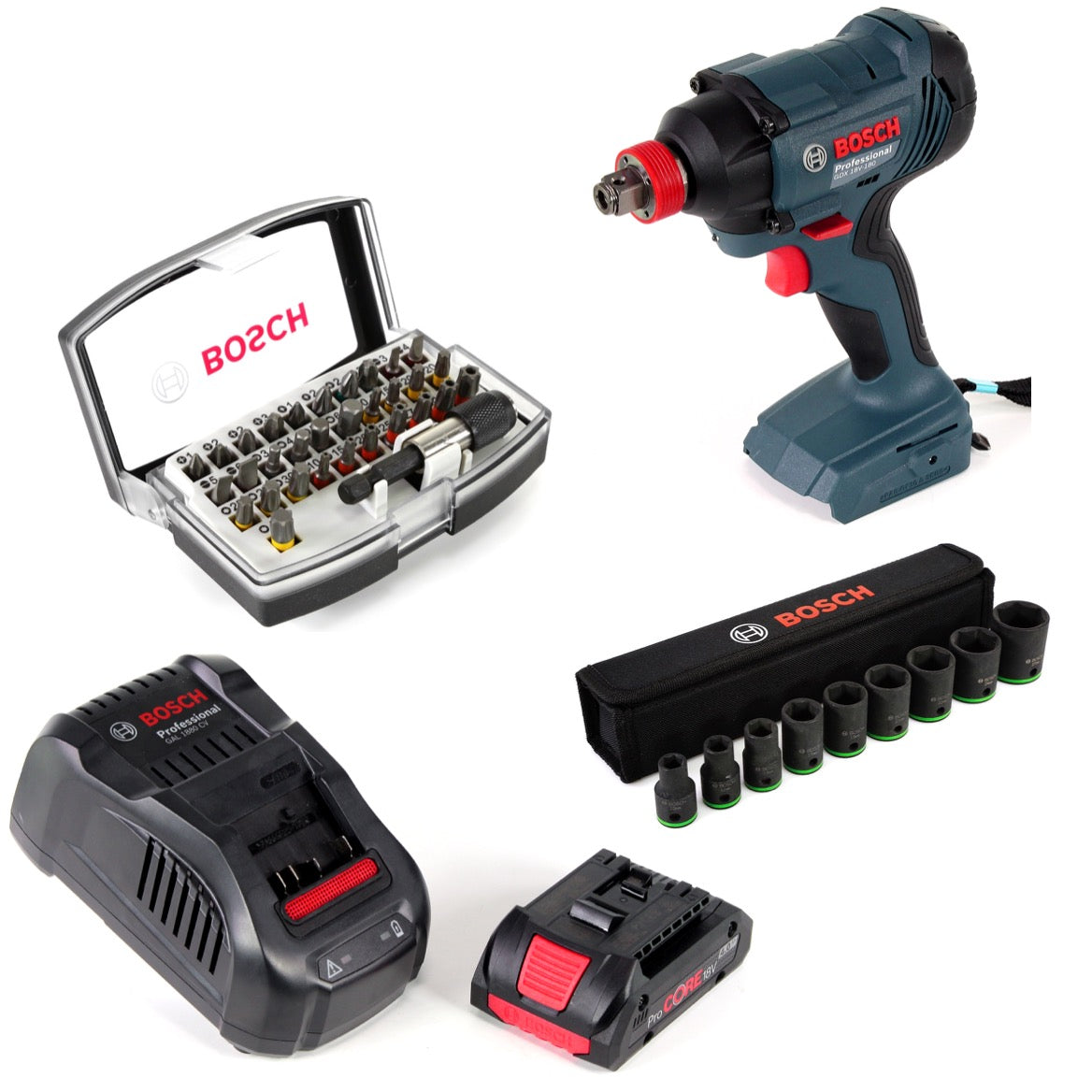 Bosch GDX 18 V-180 Li-Ion Akku Drehschlagschrauber + 1 x 4,0 Ah ProCore Akku + Ladegerät + Steckschlüsselsatz + 32-tlg. Bit-Set - Toolbrothers