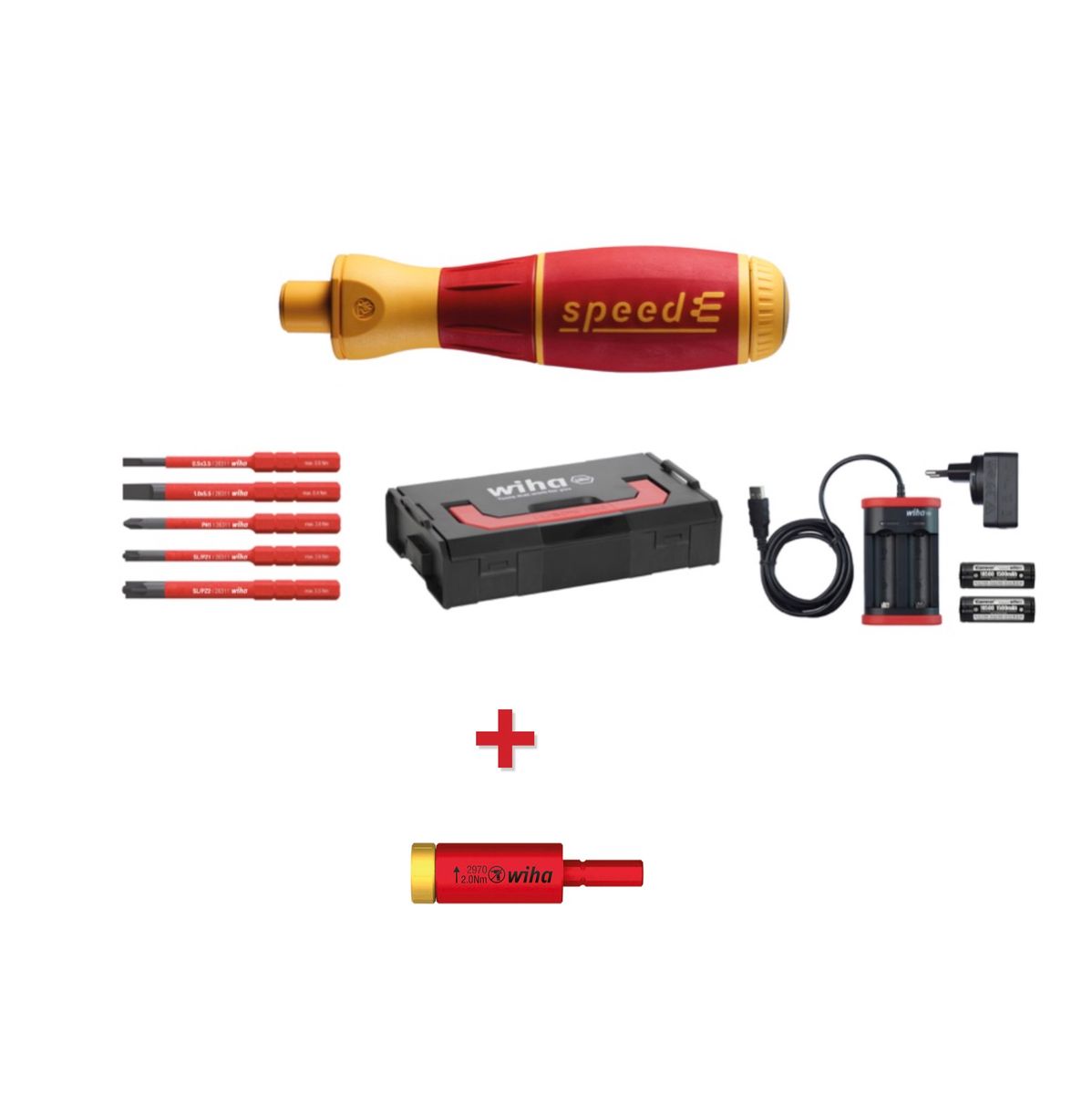 Wiha speedE® elektronischer Schraubendreher Set 1 + L-Boxx - 10 tlg. + 2x 1,5 Ah Akku + Ladegerät + Bits ( 41911 ) + Easy Torque Adapter 2,0 Nm ( 41342 ) - Toolbrothers