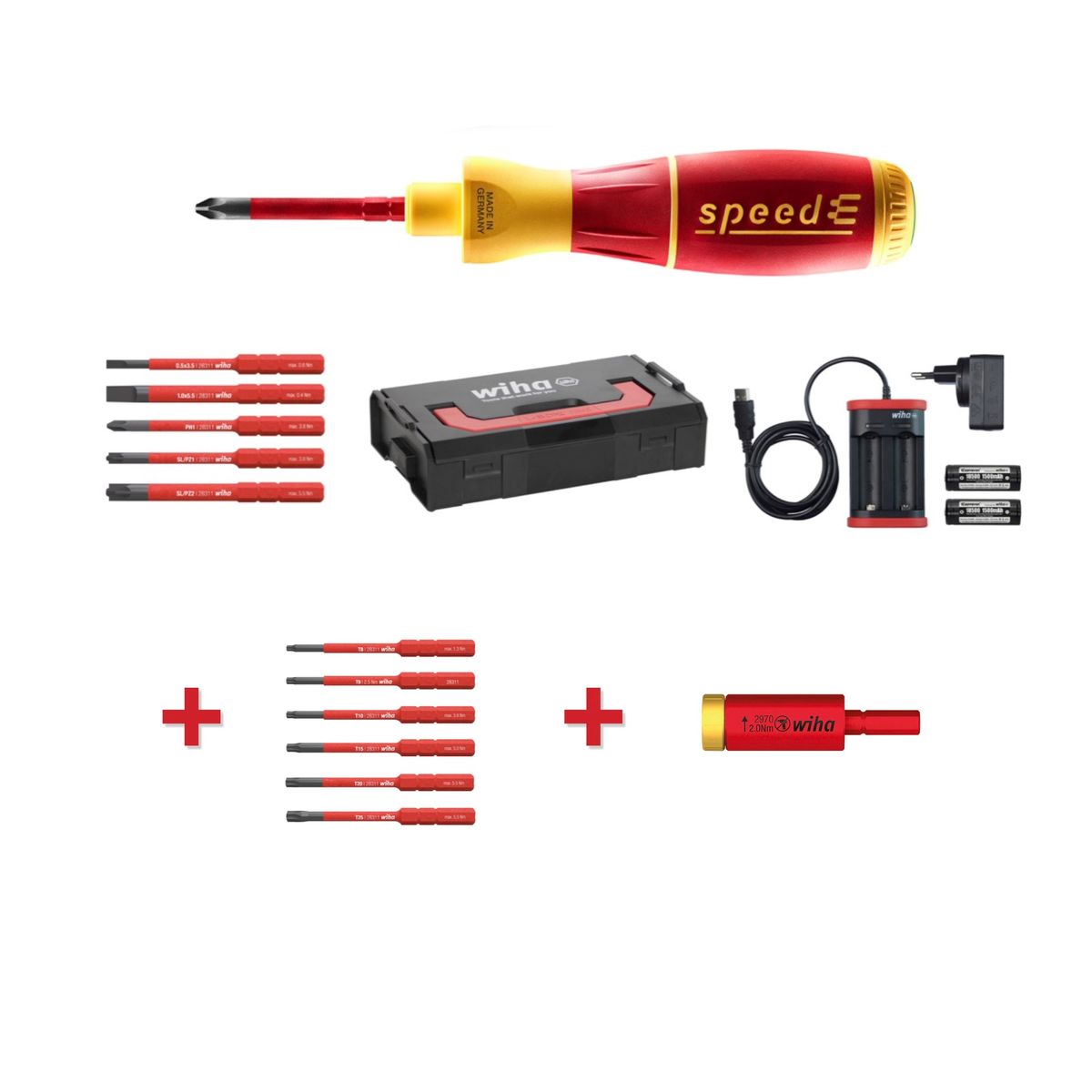 Wiha speedE® elektronischer Schraubendreher Set 1 + L-Boxx + 2x 1,5 Ah Akku + Ladegerät + Bits ( 41911 ) + Easy Torque Adapter ( 41342 ) + Bit Set Torx Satz 6 tlg. ( 42210 ) - Toolbrothers