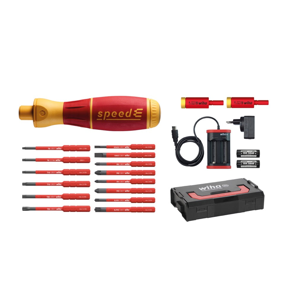 Wiha speedE® E-Schraubendreher mit 2x Akku 1,5Ah + Ladegerät + 14x slimBits Vario/electric + 2x TorqueAdapter + L-Boxx - Toolbrothers