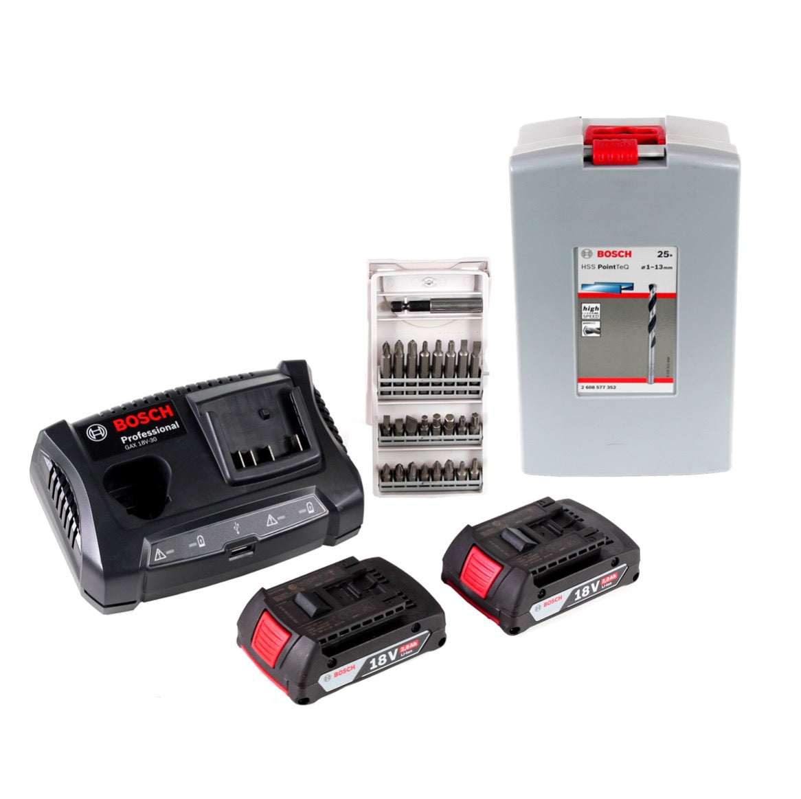 Bosch Professional GSR 18V-21 Akku Bohrschrauber 18V 55Nm + 2x Akku 2,0Ah + Ladegerät + Spiralbohrer Set + Bit Set + Koffer - Toolbrothers