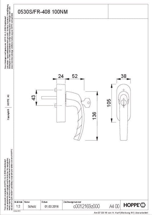 Hoppe Fenstergriff Atlanta 0530S/FR-408 100Nm ( 8000347460 ) Aluminium 32-42 mm