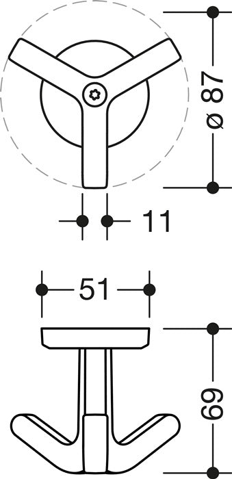 Crochet triple HEWI série 477 (3000207486) mat, élastique hauteur 69 mm Ø 51 mm