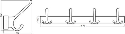 Hermeta Huthakenleiste 0822-0824 ( 3000283320 ) 4 Haken Ausladung 96 mm Höhe 102 mm