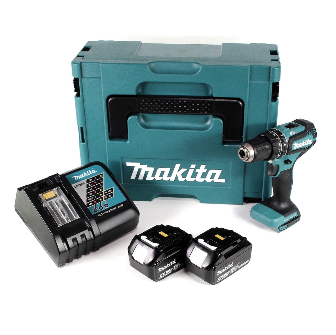 Makita DHP 485 RTJ 18 V Li-Ion Akku Schlagbohrschrauber im Makpac + 2 x 5,0 Ah Akku + Ladegerät - Toolbrothers