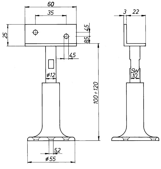 DENI Trennwandstütze ( 3000259235 ) Breite 60 mm Höhe 100 - 120 mm höhenverstellbar