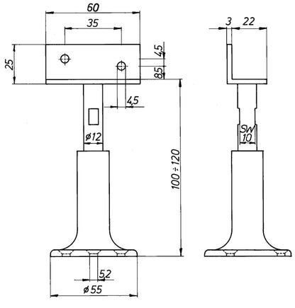 DENI Trennwandstütze ( 3000259235 ) Breite 60 mm Höhe 100 - 120 mm höhenverstellbar