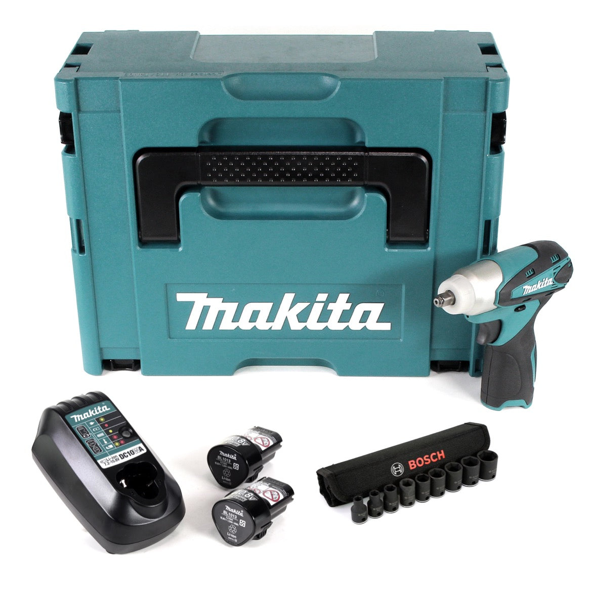 Makita TW 100 DWEJ Akku Schlagschrauber 10,8 V 3/8" im Makpac + 2 x BL1013 1,3 Ah Akku + DC 10 WA Ladegerät + 9 tlg. 3/8" Steckschlüsselset - Toolbrothers