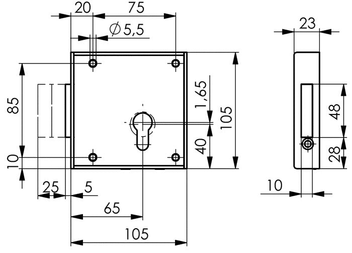 Serrure à pêne pour portail AMF 100 (3311021062) DIN droite PZ entraxe 65 mm