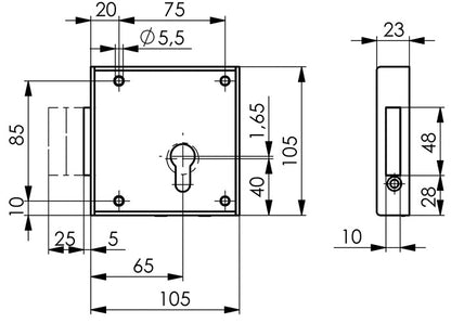 Serrure à pêne pour portail AMF 100 (3311021062) DIN droite PZ entraxe 65 mm