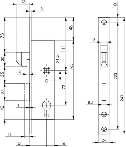 Serrure pour portail coulissant à cadre tubulaire AMF 8331 (3311021043) PZW entraxe 35 mm