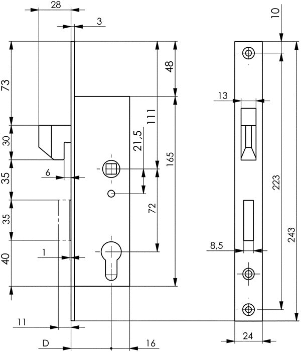 Serrure pour portail coulissant à cadre tubulaire AMF 8331 (3311021044) PZW entraxe 40 mm