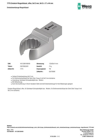 Clé polygonale à insérer Wera 7775 (8000377418), taille de clé 17 mm 9 x 12 mm