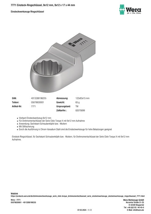 Wera Einsteckringschlüssel 7771 ( 8000377406 ) Schlüsselweite 17 mm 9 x 12 mm