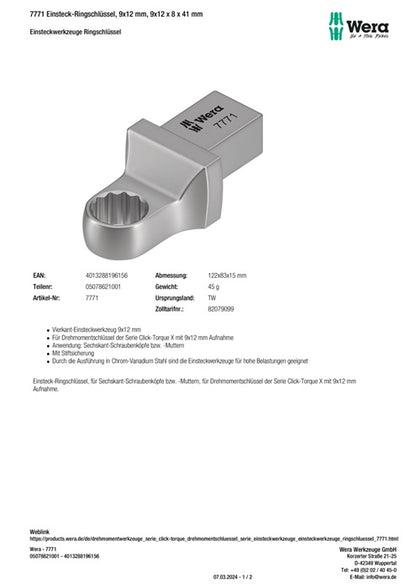 Clé polygonale à insérer Wera 7771 (8000377411), taille de clé 8 mm 9 x 12 mm