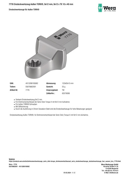 Wera Einsteckschlüssel 7776 ( 8000377438 ) Schlüsselweite TX 10 9 x 12 mm