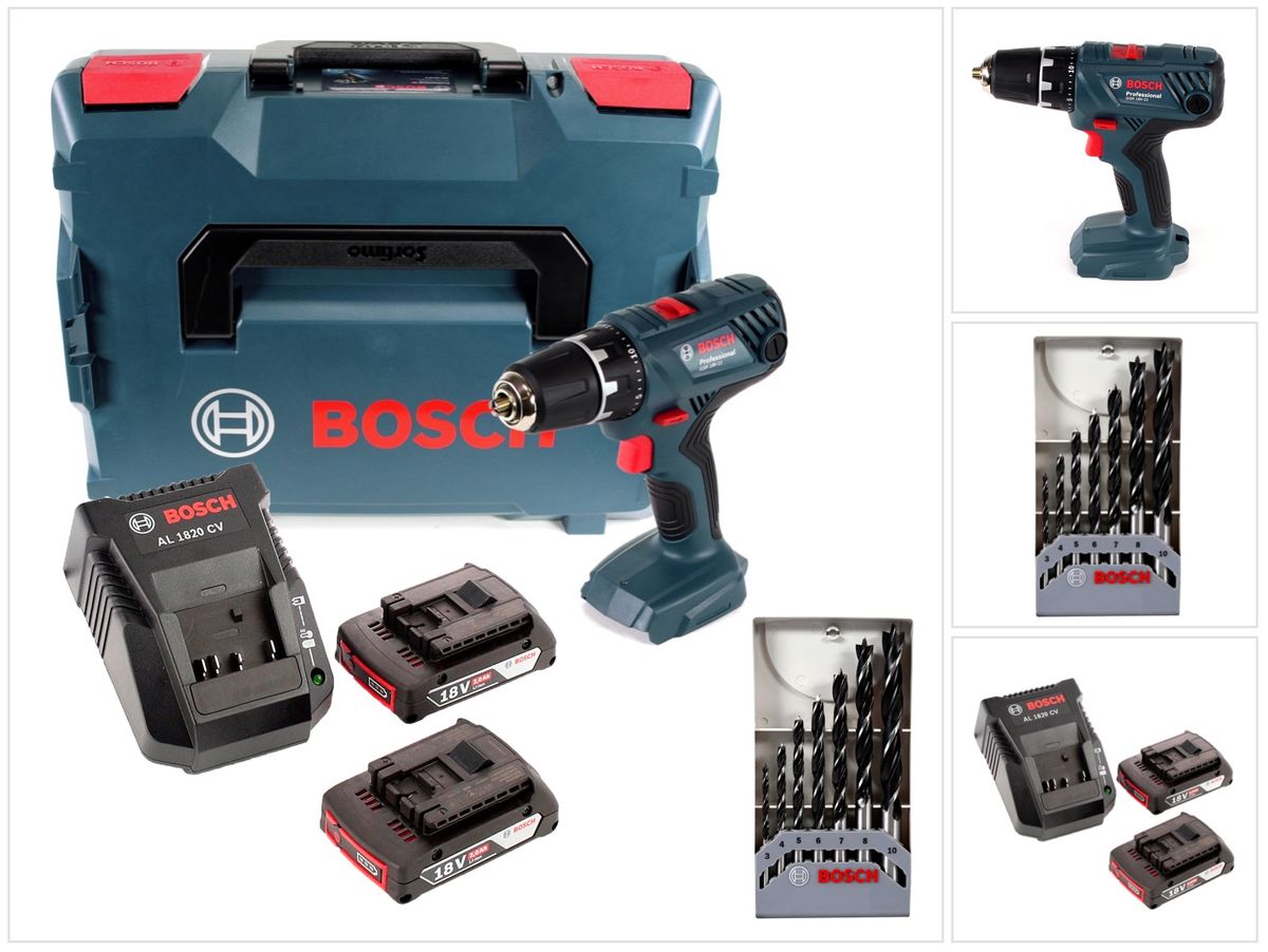 Bosch Professional GSR 18V-21 Akku Bohrschrauber 18V 55Nm + 2x Akku 2,0Ah + Ladegerät + Holzbohrer Set + L-Boxx - Toolbrothers