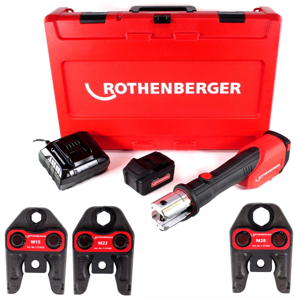 Rothenberger ROMAX 4000 Basic Set Akku Pressmaschine 18V 34 kN + 1x Akku 4,0Ah + Ladegerät + 3x Pressbacken M + Koffer ( 1000001927 ) - Toolbrothers