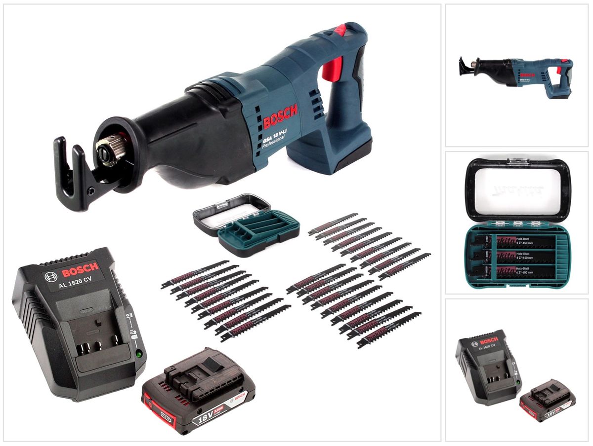 Bosch GSA 18V-Li N Akku Reciprosäge 18V Säbelsäge + 2x Sägeblatt + 27 tlg. Makita Sägeblatt-Set + 1x 2,0 Ah Akku + Ladegerät - Toolbrothers