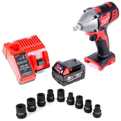 Milwaukee M18 BIW12-0 18V Akku Schlagschrauber + 1x Akku 5,0Ah + Ladegerät + 9 tlg. Stecknüsse-Set - Toolbrothers